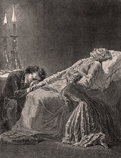 De dood van Jean Valjean tussen Cosette en Marius - illustratie uit Les Misérables, 19e eeuw door Alphonse Marie de Neuville